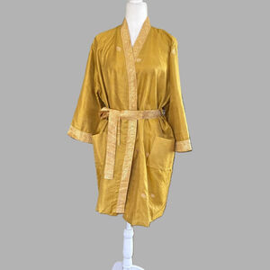 Vintage Silky Golden Yellow Lotus Embroidered Kimono Mid Length Robe OS